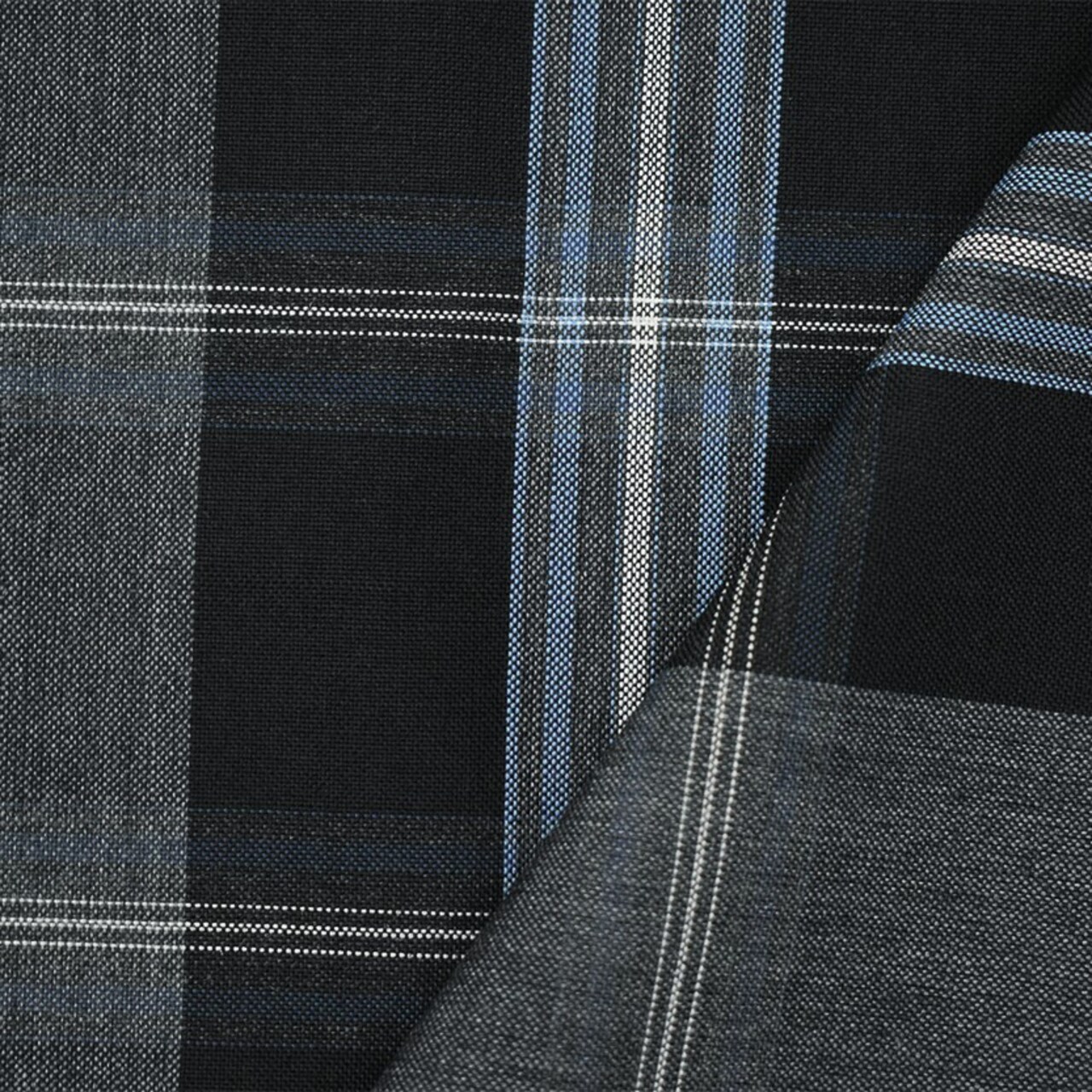 Black-Blue-Multi Wool-Polyester Plaid Woven Shirting Fabric By the Yard